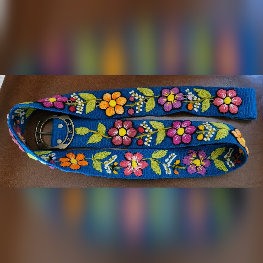 BN Peruvian belt; BOHO style; embroided multicolor flowers 47" L x 2 1/4" W
